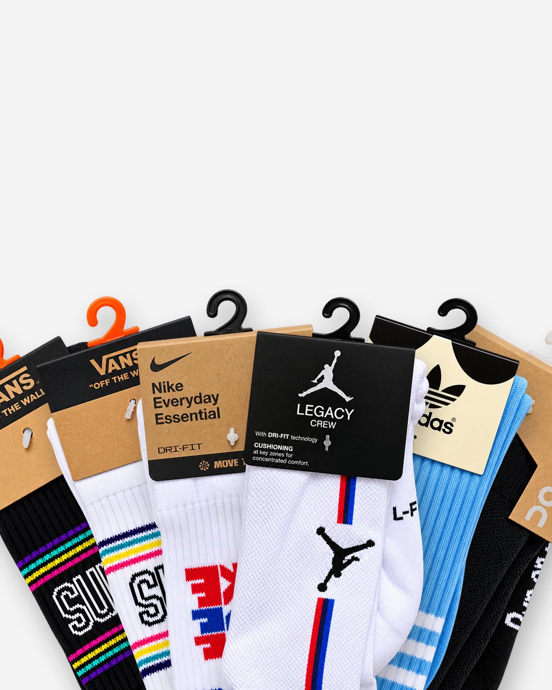 Leque de meias Nike, Jordan, Adidas, Vans e On